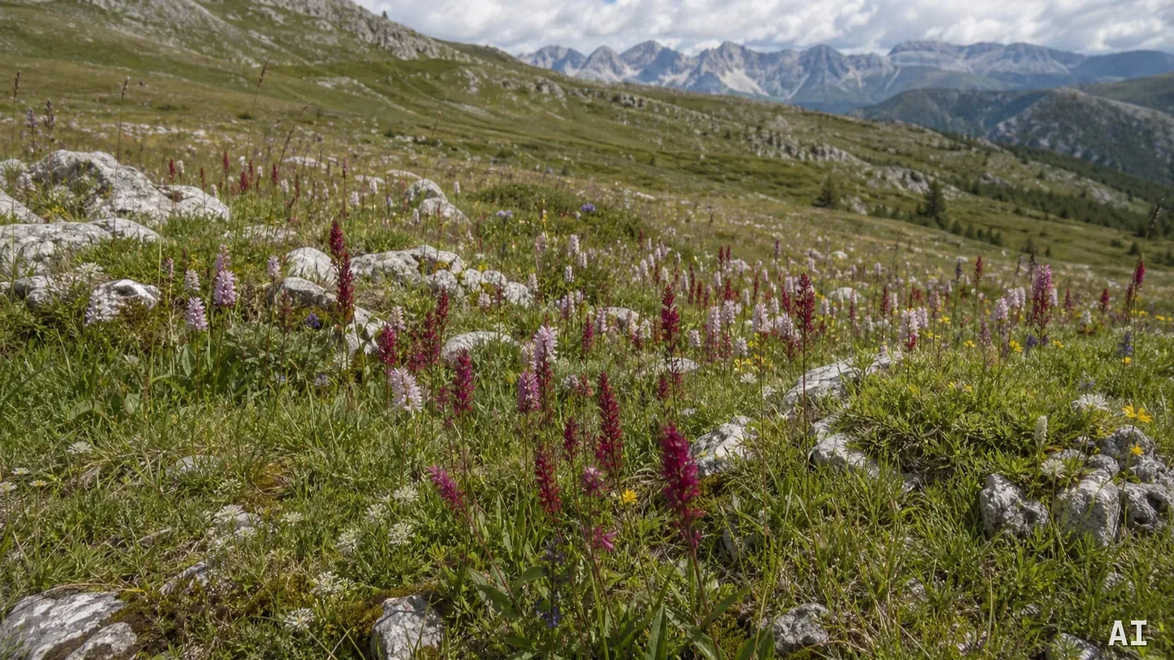 Kalkmagerwiese mit wild wachsenden Orchideen