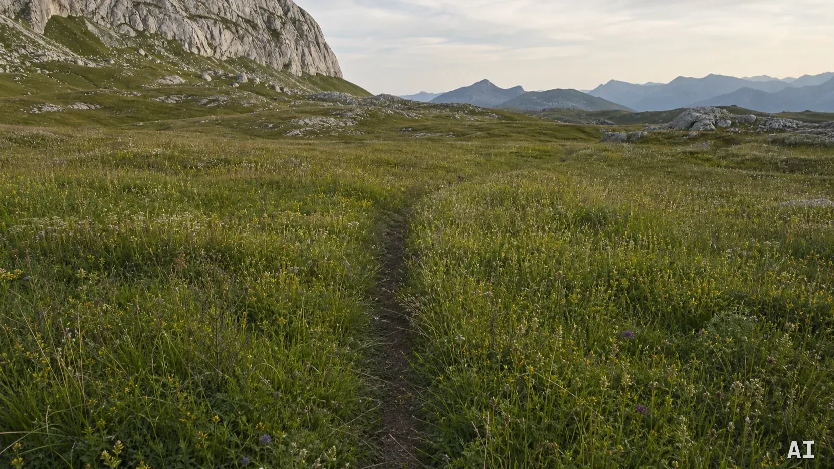 Schmaler Wanderpfad durch eine unberührte Bergwiese