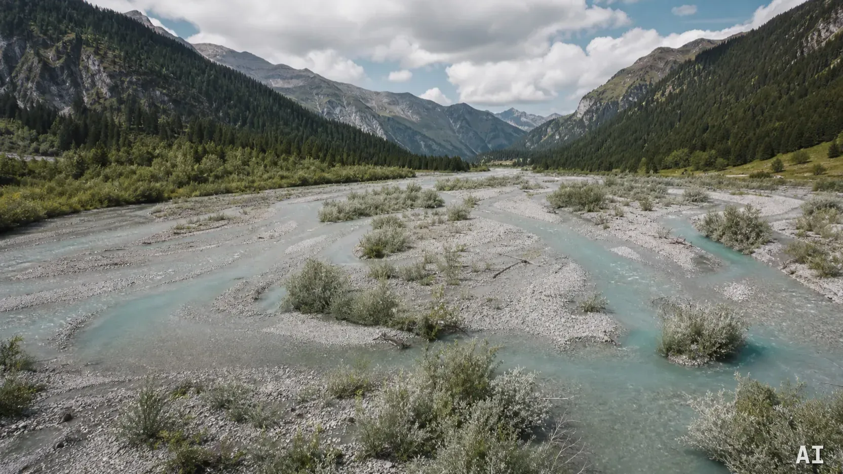 Verzweigter Wildfluss Lech mit ausgedehnten Kiesbänken