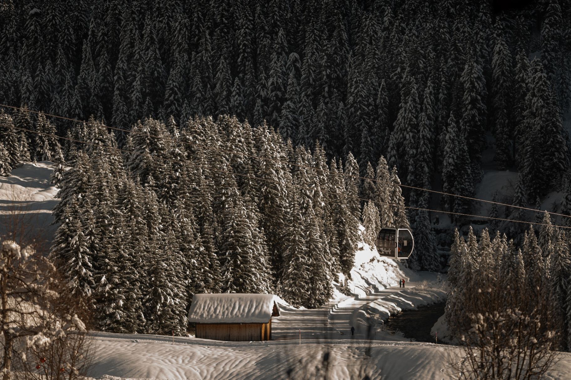Winter panorama with gondola over snowy mountains