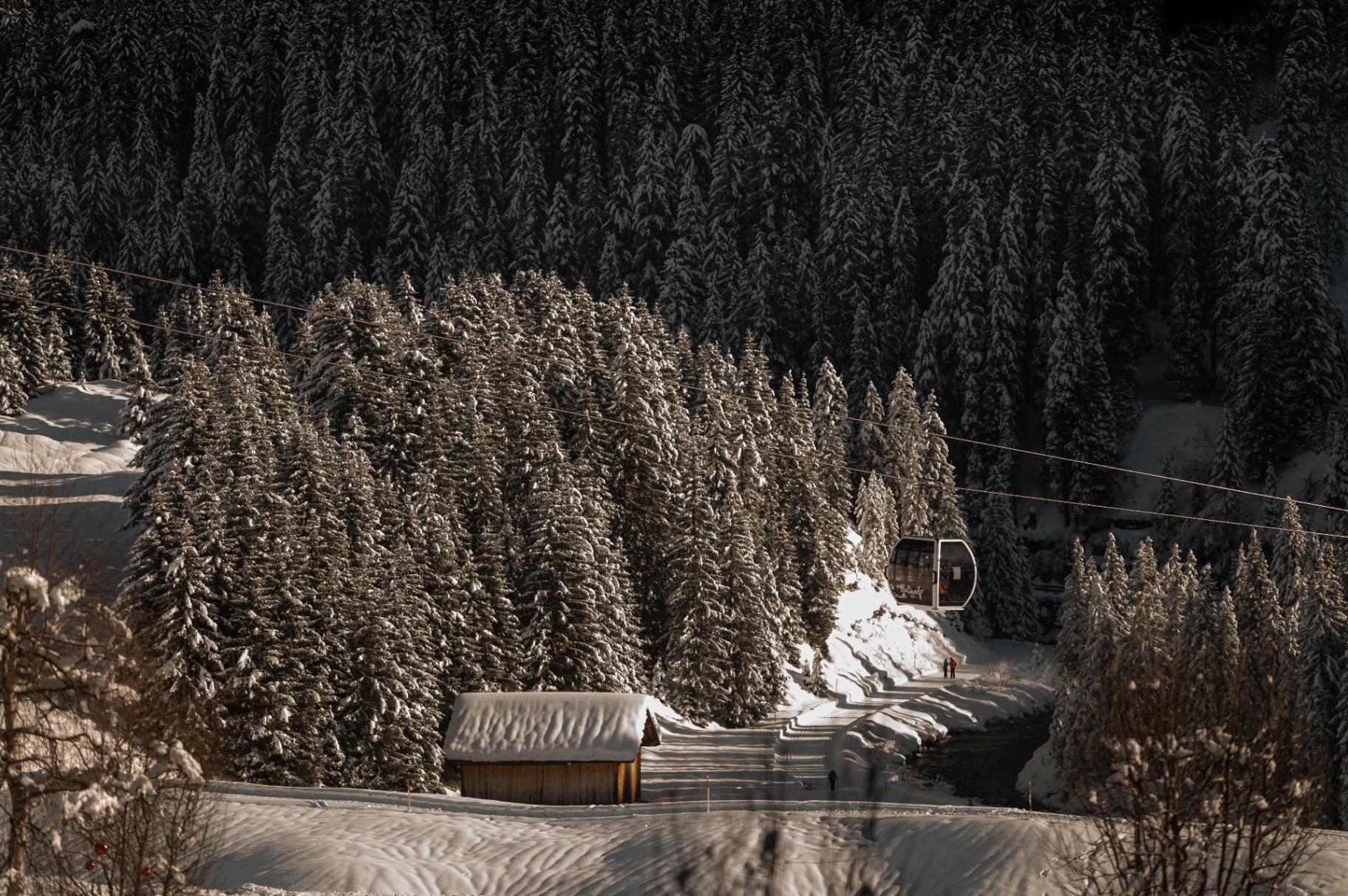 Winter panorama with gondola over snowy mountains